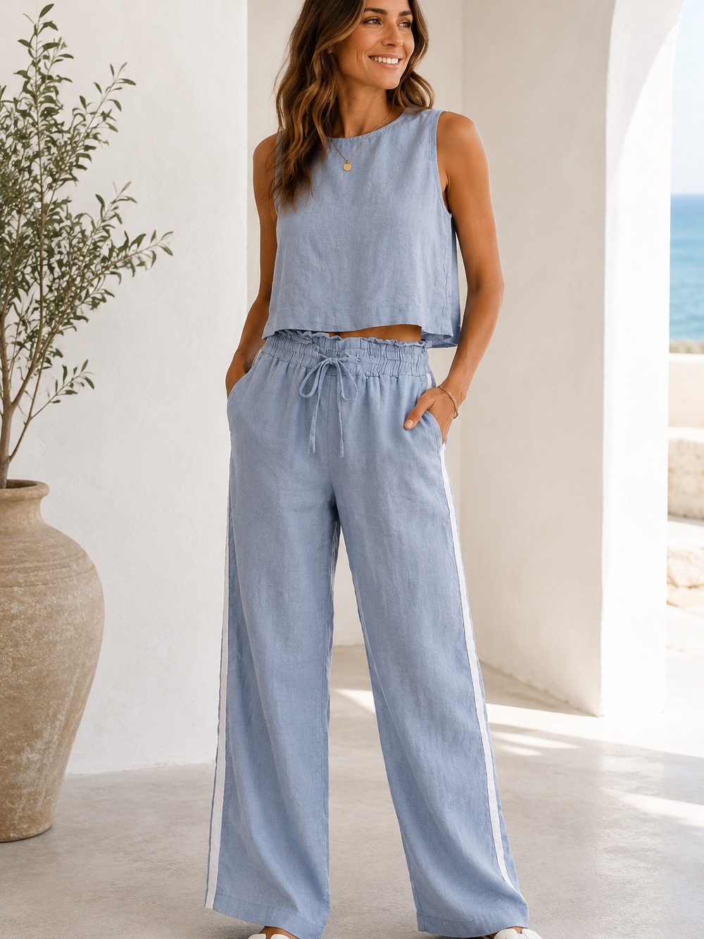 Saks Fifth Avenue Sky Blue Wide-Leg Drawstring Pant with Side Stripe linen set